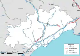 Carte du réseau routier national (autoroutes et routes nationales) dans le département de l'Hérault