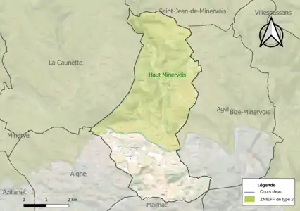 Carte de la ZNIEFF de type 2 sur la commune.