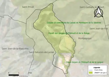 Carte des ZNIEFF de type 2 sur la commune.