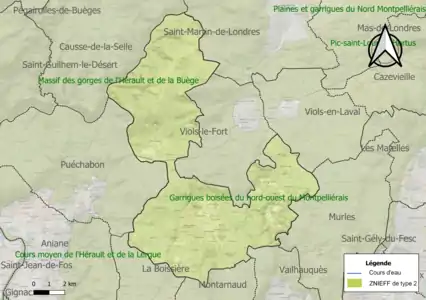 Carte des ZNIEFF de type 2 sur la commune.