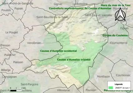 Carte des ZNIEFF de type 1 sur la commune.