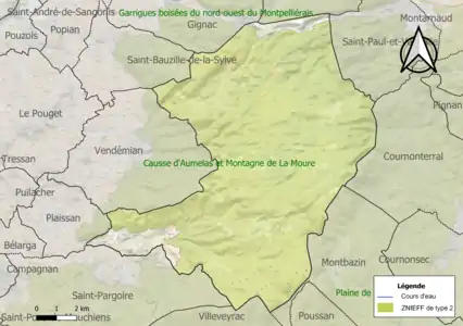 Carte de la ZNIEFF de type 2 sur la commune.