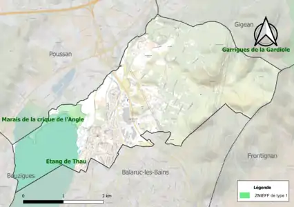 Carte des ZNIEFF de type 1 sur la commune.