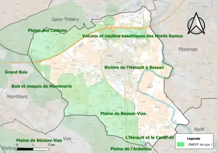 Carte des ZNIEFF de type 1 sur la commune.