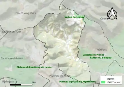 Carte des ZNIEFF de type 1 sur la commune.