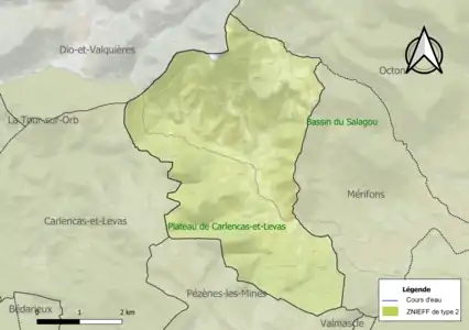 Carte des ZNIEFF de type 2 sur la commune.