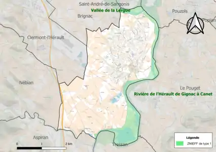 Carte des ZNIEFF de type 1 sur la commune.