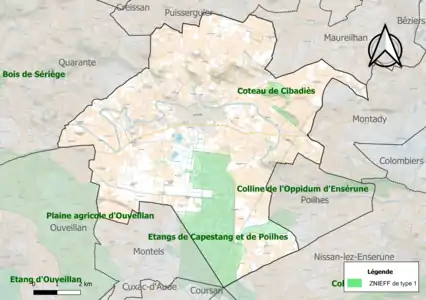 Carte des ZNIEFF de type 1 sur la commune.