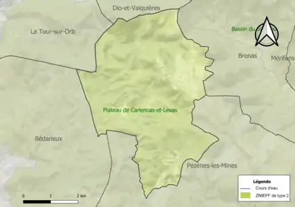 Carte de la ZNIEFF de type 2 sur la commune.