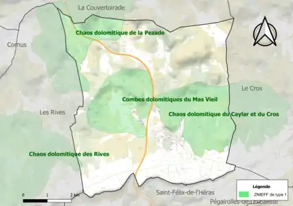 Carte des ZNIEFF de type 1 sur la commune.