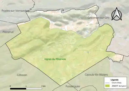 Carte de la ZNIEFF de type 2 sur la commune.