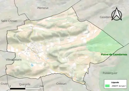 Carte de la ZNIEFF de type 1 sur la commune.