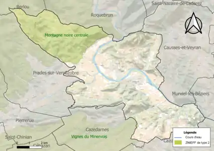 Carte de la ZNIEFF de type 2 sur la commune.