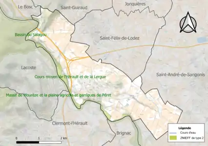 Carte de la ZNIEFF de type 2 sur la commune.