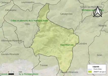 Carte des ZNIEFF de type 2 sur la commune.