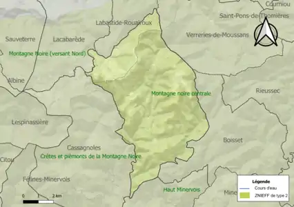 Carte des ZNIEFF de type 2 sur la commune.