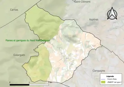 Carte de la ZNIEFF de type 2 sur la commune.