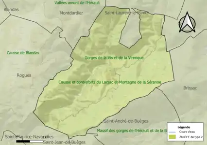 Carte des ZNIEFF de type 2 sur la commune.