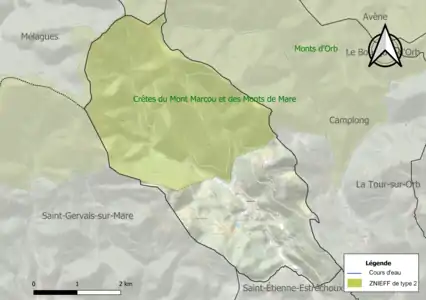 Carte de la ZNIEFF de type 2 sur la commune.