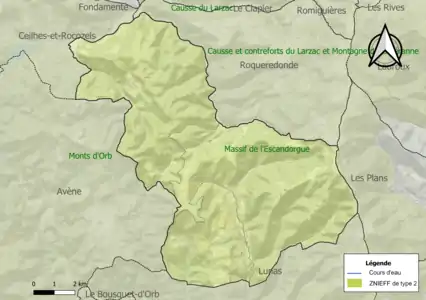 Carte des ZNIEFF de type 2 sur la commune.