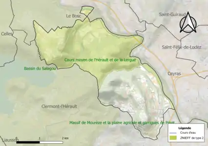 Carte des ZNIEFF de type 2 sur la commune.