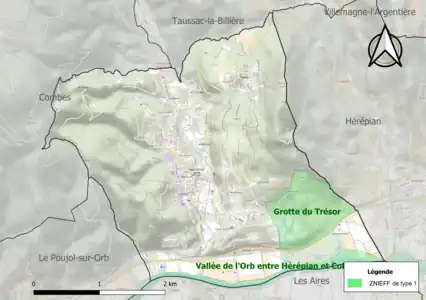 Carte des ZNIEFF de type 1 sur la commune.