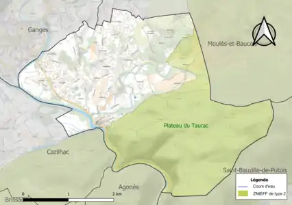 Carte de la ZNIEFF de type 2 sur la commune.