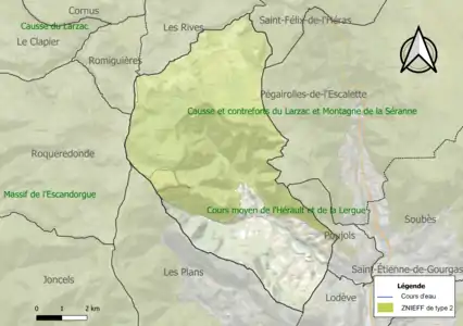 Carte des ZNIEFF de type 2 sur la commune.