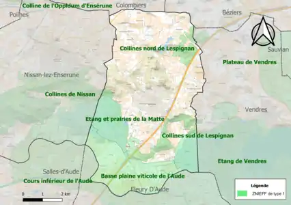 Carte des ZNIEFF de type 1 sur la commune.