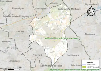 Carte de la ZNIEFF de type 2 sur la commune.