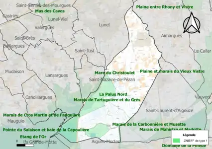 Carte des ZNIEFF de type 1 sur la commune.