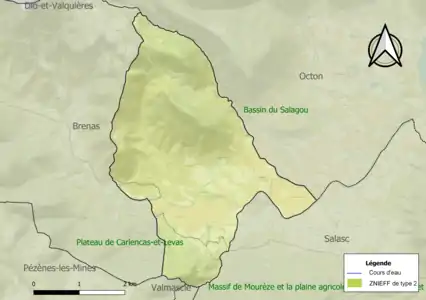 Carte des ZNIEFF de type 2 sur la commune.