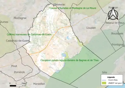 Carte de la ZNIEFF de type 2 sur la commune.