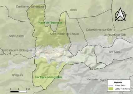 Carte des ZNIEFF de type 2 sur la commune.