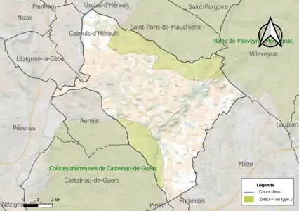 Carte des ZNIEFF de type 2 sur la commune.