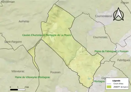 Carte des ZNIEFF de type 2 sur la commune.