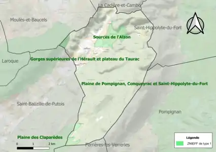 Carte des ZNIEFF de type 1 sur la commune.