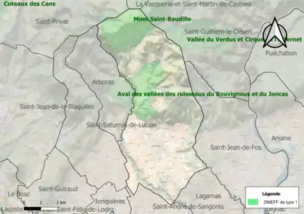 Carte des ZNIEFF de type 1 sur la commune.