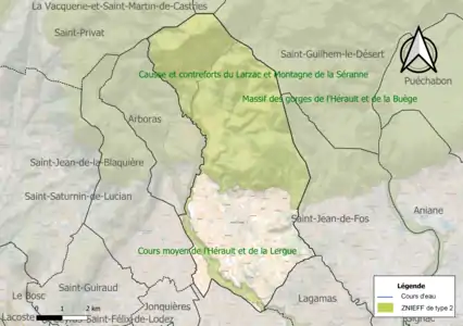 Carte des ZNIEFF de type 2 sur la commune.