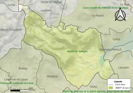 Carte de la ZNIEFF de type 2 sur la commune.