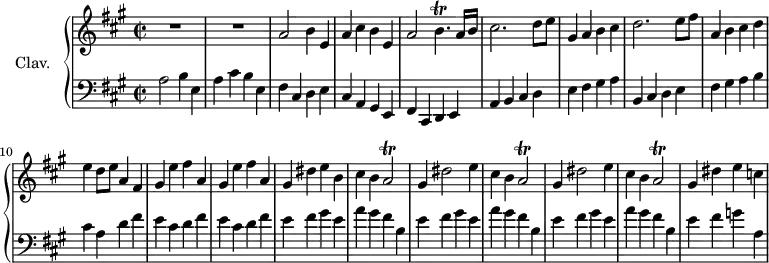 
\version "2.18.2"
\header {
  tagline = ##f
  % composer = "Domenico Scarlatti"
  % opus = "K. 83"
  % meter = "Allegro"
}
%% les petites notes
trillBp       = { \tag #'print { b4.\trill } \tag #'midi { cis32 b cis b~ b4 } }
trillAb       = { \tag #'print { a2\trill } \tag #'midi { b32 a b a~ a8~ a4 } }
upper = \relative c'' {
  \clef treble 
  \key a \major
  \time 2/2
  \tempo 2 = 88
  \set Staff.midiInstrument = #"harpsichord"
  \override TupletBracket.bracket-visibility = ##f
      %s8*0^\markup{Allegro}
      R1*2 | a2 b4 e, | a cis b e, |
      % ms. 5
      a2 \trillBp a16 b | cis2. d8 e | gis,4 a b cis | d2. e8 fis | a,4 b cis d |
      % ms. 10
      e4 d8 e a,4 fis | \repeat unfold 2 { gis4 e' fis a, } | gis4 dis' e b | cis b \trillAb 
      % ms. 15
      \repeat unfold 2 { gis4 dis'2 e4 | cis b \trillAb } | gis4 dis' e c |
}
lower = \relative c' {
  \clef bass
  \key a \major
  \time 2/2
  \set Staff.midiInstrument = #"harpsichord"
  \override TupletBracket.bracket-visibility = ##f
    % ************************************** 
      a2 b4 e, | a cis b e, | fis cis d e | cis a gis e |
      % ms. 5
      fis4 cis d e | a b cis d | e fis gis a | b, cis d e | fis gis a b |
      % ms. 10
      cis4 a d fis | \repeat unfold 2 { e cis d fis } | \repeat unfold 3 { e4 fis gis e | a gis fis b, } | e4 fis g a, |
      % ms. 15
}
thePianoStaff = \new PianoStaff <<
    \set PianoStaff.instrumentName = #"Clav."
    \new Staff = "upper" \upper
    \new Staff = "lower" \lower
  >>
\score {
  \keepWithTag #'print \thePianoStaff
  \layout {
      #(layout-set-staff-size 17)
    \context {
      \Score
     \override SpacingSpanner.common-shortest-duration = #(ly:make-moment 1/2)
      \remove "Metronome_mark_engraver"
    }
  }
}
\score {
  \keepWithTag #'midi \thePianoStaff
  \midi { }
}
