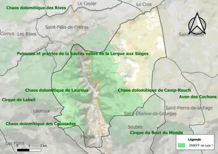 Carte des ZNIEFF de type 1 sur la commune.