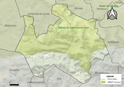 Carte de la ZNIEFF de type 2 sur la commune.