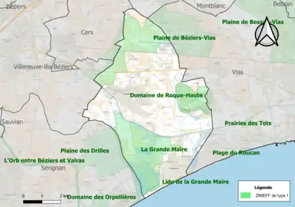 Carte des ZNIEFF de type 1 sur la commune.