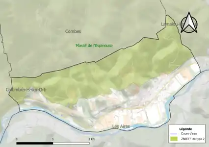 Carte de la ZNIEFF de type 2 sur la commune.