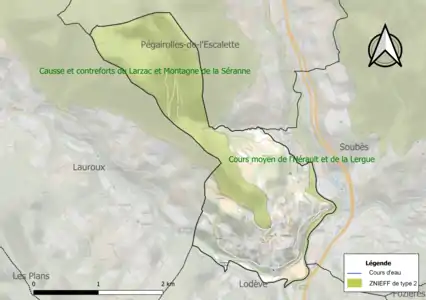 Carte des ZNIEFF de type 2 sur la commune.