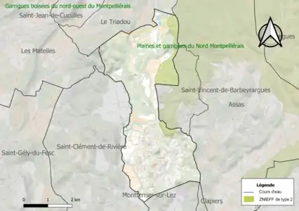 Carte de la ZNIEFF de type 2 sur la commune.