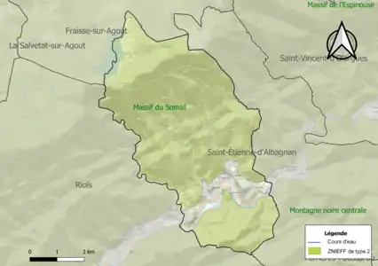 Carte des ZNIEFF de type 2 sur la commune.