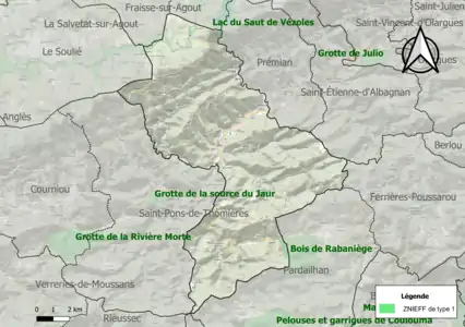 Carte des ZNIEFF de type 1 sur la commune.