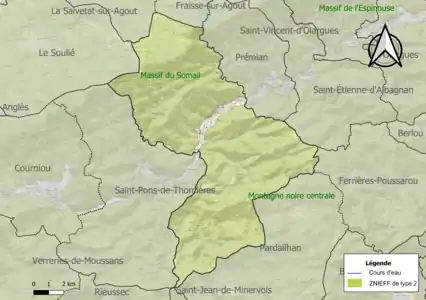 Carte des ZNIEFF de type 2 sur la commune.